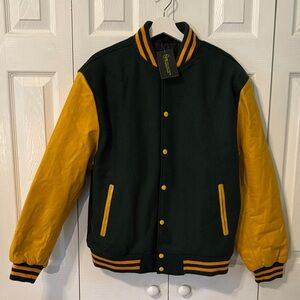 NWT JS Collections Dark Green and Mustard Varsity Jacket Sz M